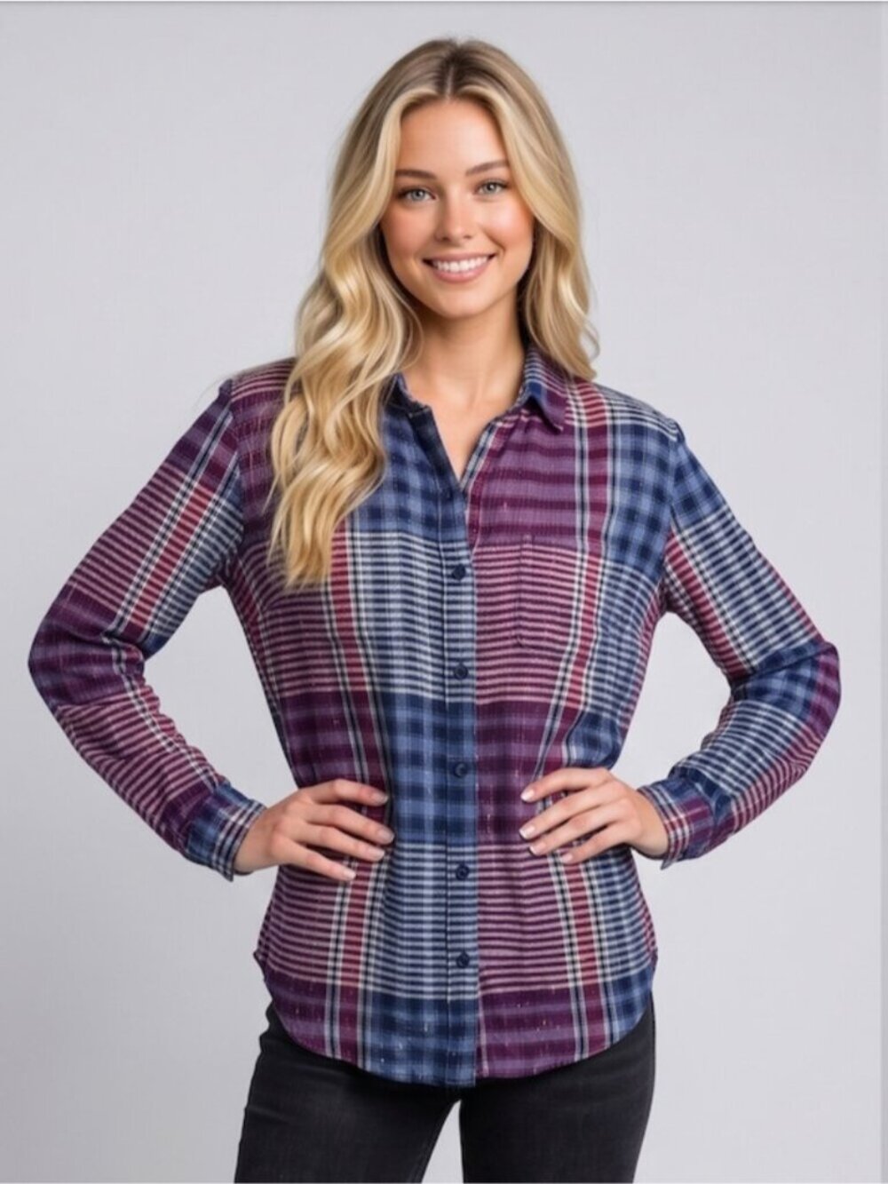 Lucky Brand Plaid Gold Trim Blouse XS